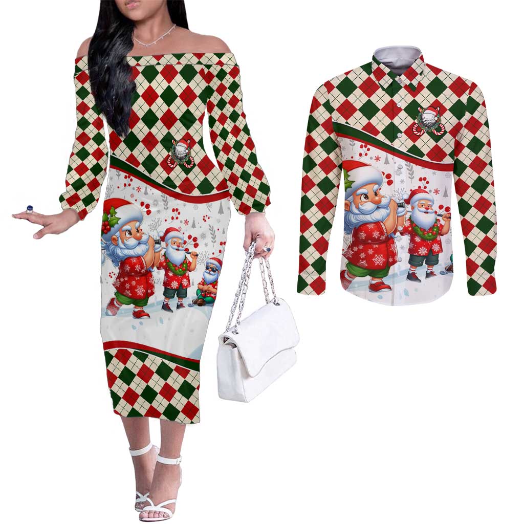 Santa Golf Club Couples Matching Off The Shoulder Long Sleeve Dress and Long Sleeve Button Shirt Christmas Winter Style