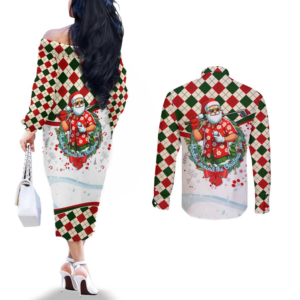 Santa Golf Club Couples Matching Off The Shoulder Long Sleeve Dress and Long Sleeve Button Shirt Christmas Winter Style