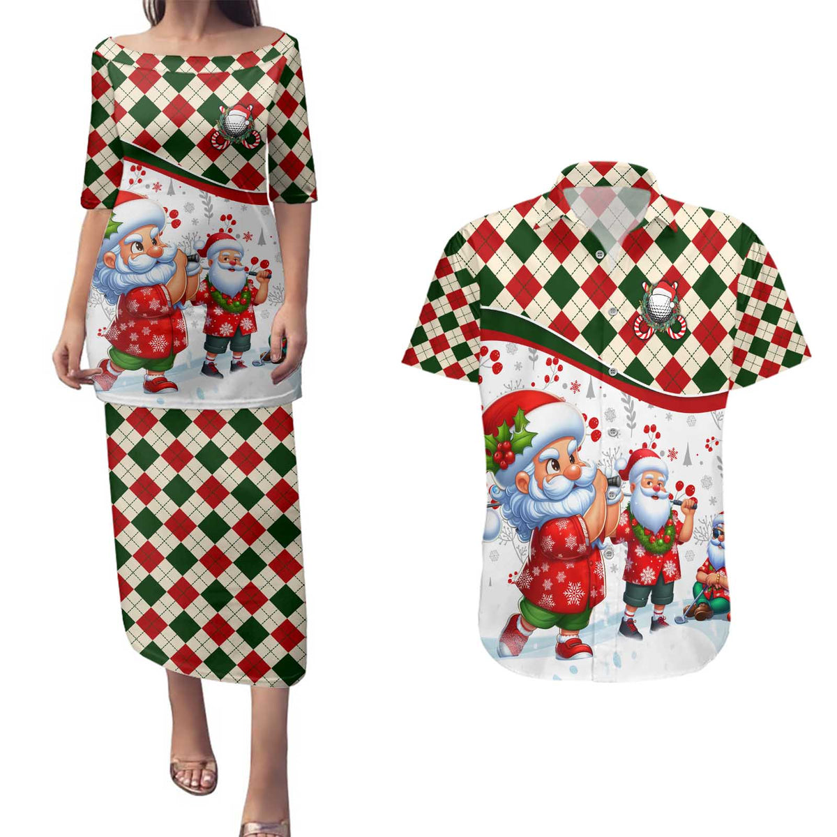 Santa Golf Club Couples Matching Puletasi and Hawaiian Shirt Christmas Winter Style - Wonder Print Shop