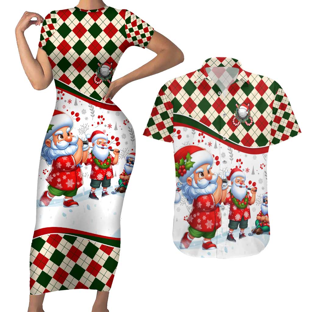 Santa Golf Club Couples Matching Short Sleeve Bodycon Dress and Hawaiian Shirt Christmas Winter Style - Wonder Print Shop