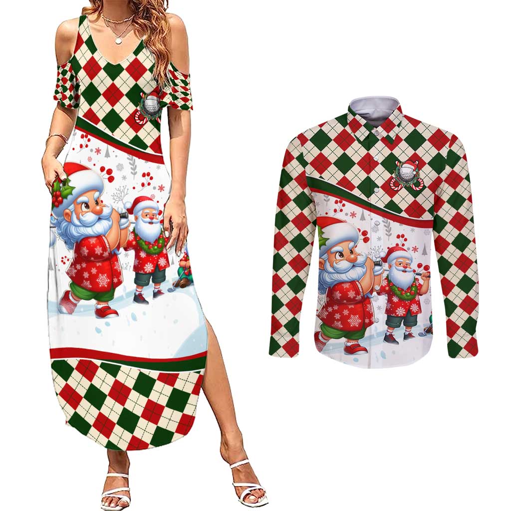 Santa Golf Club Couples Matching Summer Maxi Dress and Long Sleeve Button Shirt Christmas Winter Style - Wonder Print Shop