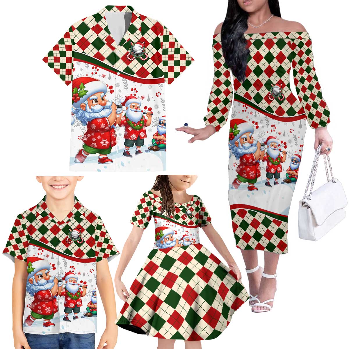 Santa Golf Club Family Matching Off The Shoulder Long Sleeve Dress and Hawaiian Shirt Christmas Winter Style - Wonder Print Shop