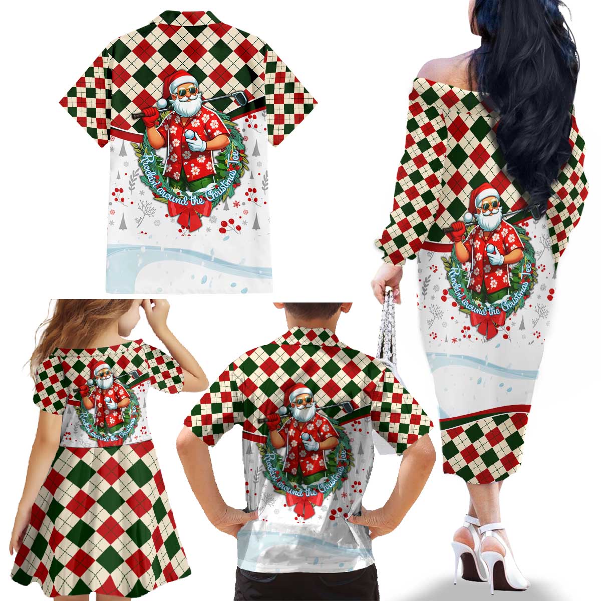 Santa Golf Club Family Matching Off The Shoulder Long Sleeve Dress and Hawaiian Shirt Christmas Winter Style - Wonder Print Shop