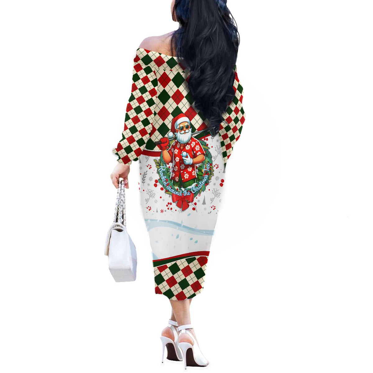 Santa Golf Club Off The Shoulder Long Sleeve Dress Christmas Winter Style - Wonder Print Shop