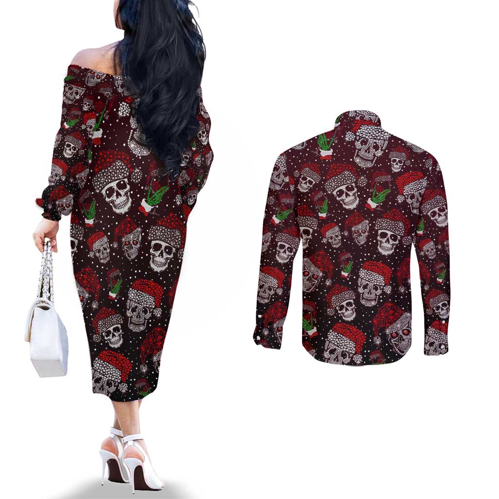 Xmas Skulls Love Christmas Cocktails Couples Matching Off The Shoulder Long Sleeve Dress and Long Sleeve Button Shirt