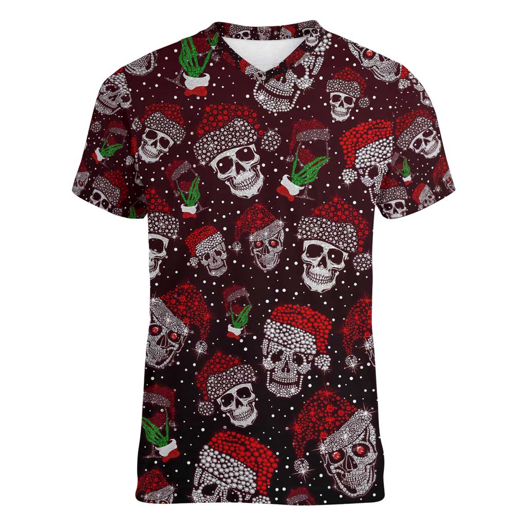 Xmas Skulls Love Christmas Cocktails Women V-Neck T-Shirt - Wonder Print Shop