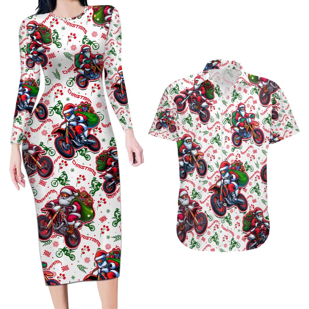 BRAAAP! Motorbike Santa Christmas Couples Matching Long Sleeve Bodycon Dress and Hawaiian Shirt - Wonder Print Shop