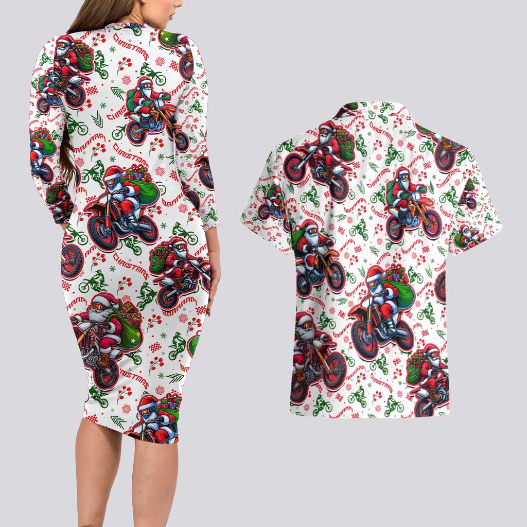 BRAAAP! Motorbike Santa Christmas Couples Matching Long Sleeve Bodycon Dress and Hawaiian Shirt - Wonder Print Shop