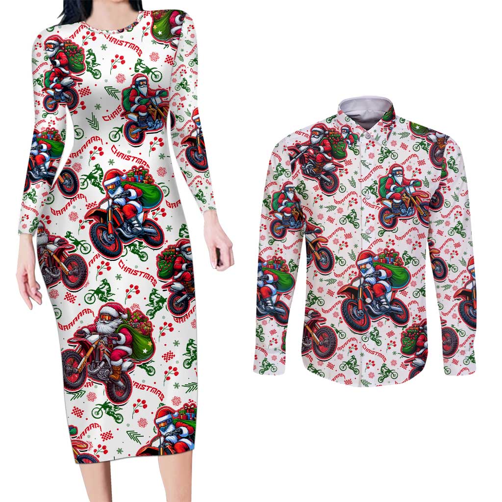 BRAAAP! Motorbike Santa Christmas Couples Matching Long Sleeve Bodycon Dress and Long Sleeve Button Shirt - Wonder Print Shop