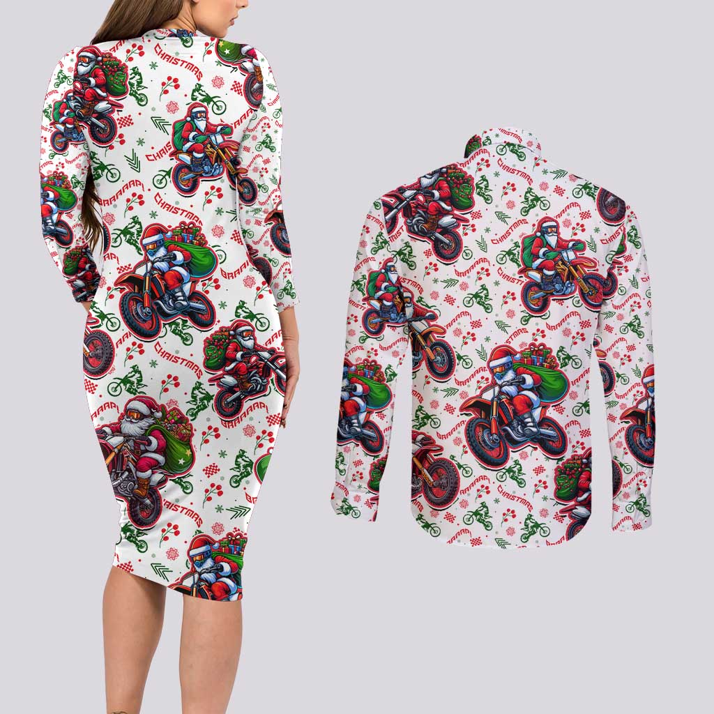 BRAAAP! Motorbike Santa Christmas Couples Matching Long Sleeve Bodycon Dress and Long Sleeve Button Shirt - Wonder Print Shop