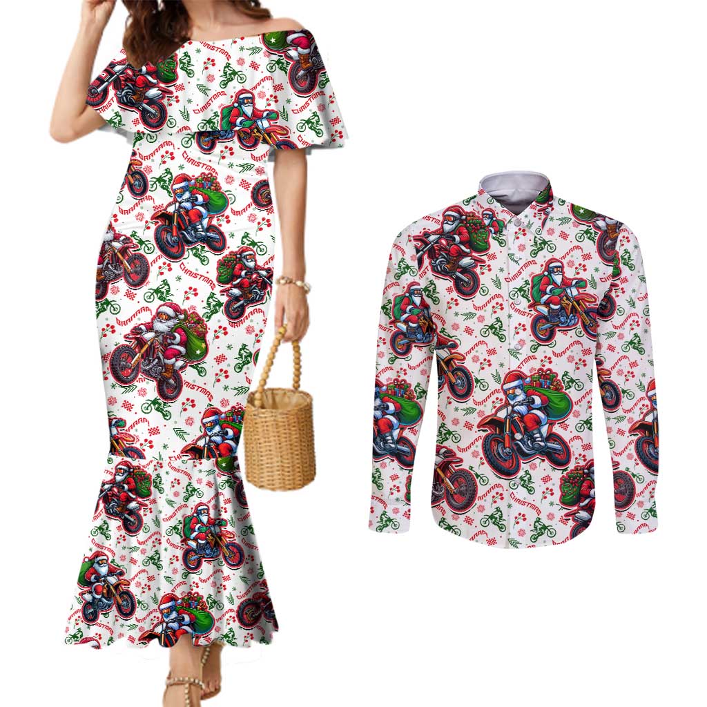 BRAAAP! Motorbike Santa Christmas Couples Matching Mermaid Dress and Long Sleeve Button Shirt