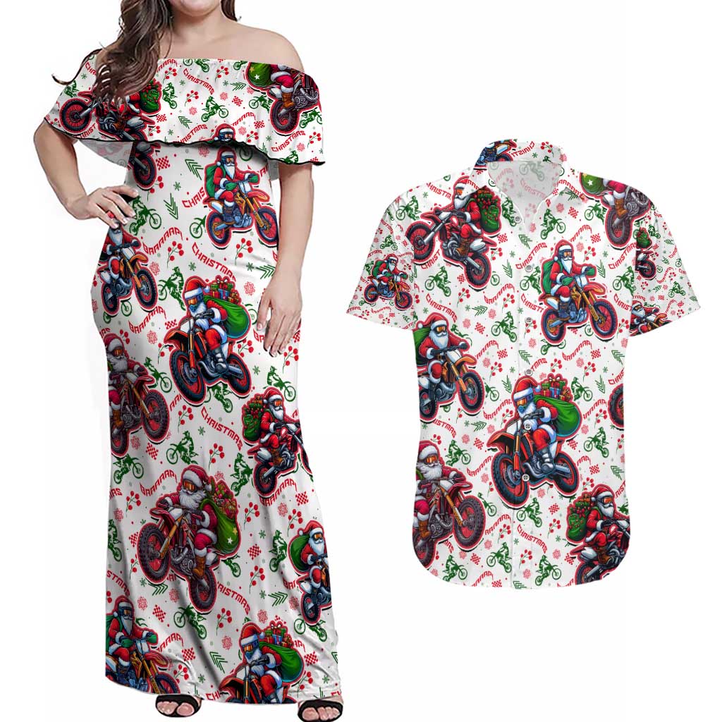 BRAAAP! Motorbike Santa Christmas Couples Matching Off Shoulder Maxi Dress and Hawaiian Shirt - Wonder Print Shop