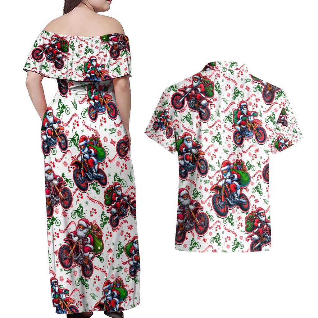 BRAAAP! Motorbike Santa Christmas Couples Matching Off Shoulder Maxi Dress and Hawaiian Shirt - Wonder Print Shop
