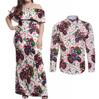 BRAAAP! Motorbike Santa Christmas Couples Matching Off Shoulder Maxi Dress and Long Sleeve Button Shirt - Wonder Print Shop