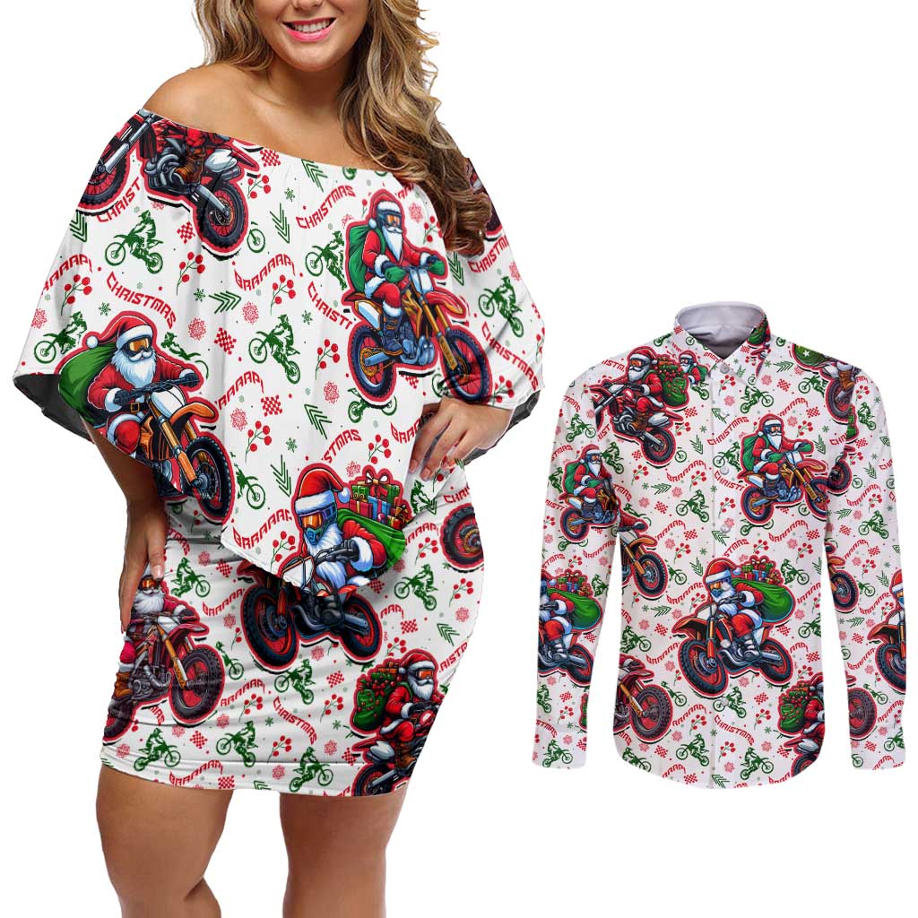 BRAAAP! Motorbike Santa Christmas Couples Matching Off Shoulder Short Dress and Long Sleeve Button Shirt - Wonder Print Shop