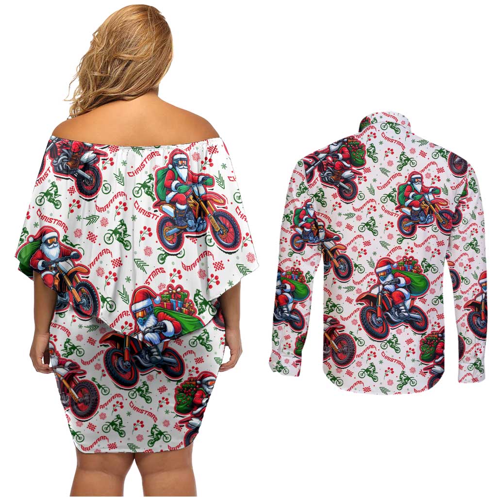 BRAAAP! Motorbike Santa Christmas Couples Matching Off Shoulder Short Dress and Long Sleeve Button Shirt - Wonder Print Shop