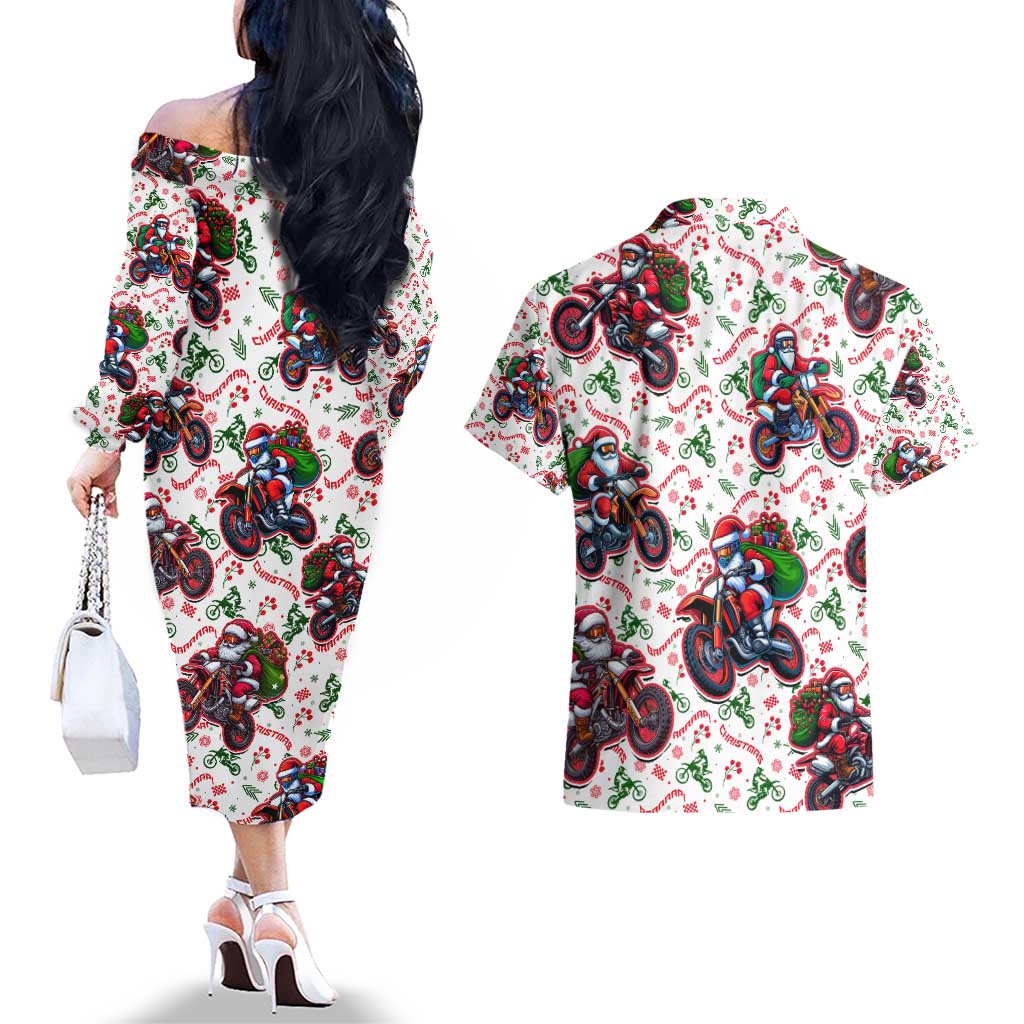 BRAAAP! Motorbike Santa Christmas Couples Matching Off The Shoulder Long Sleeve Dress and Hawaiian Shirt - Wonder Print Shop