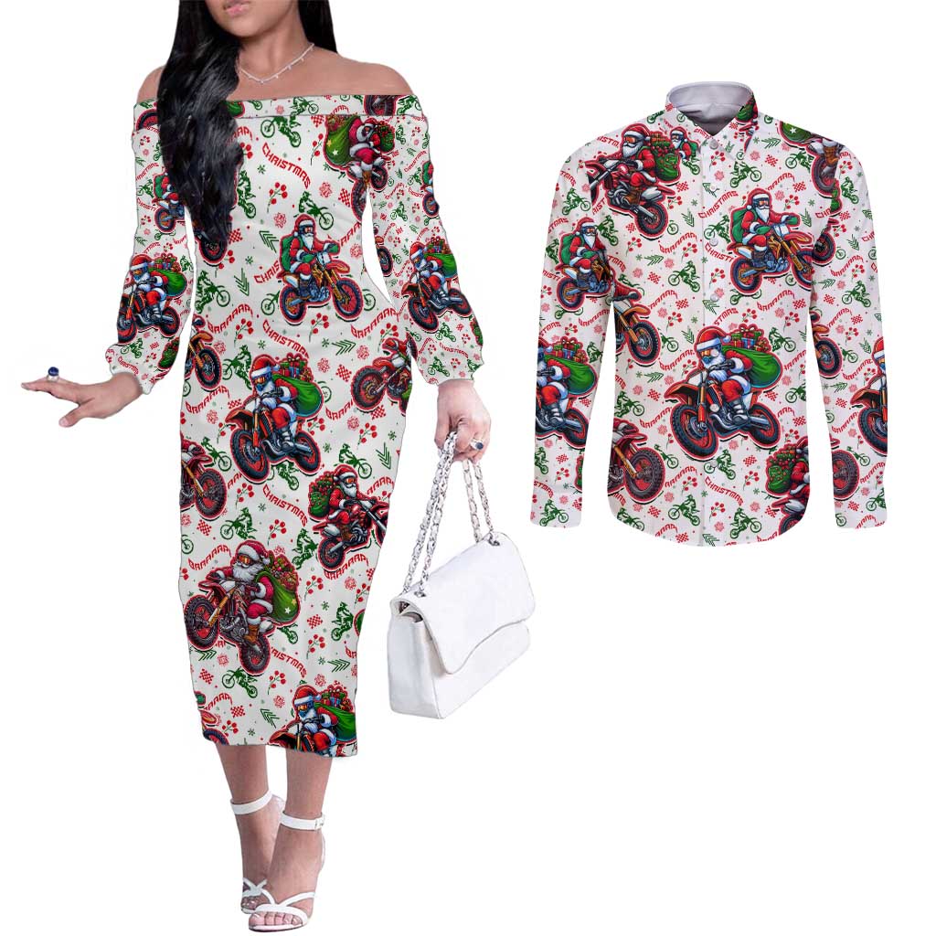 BRAAAP! Motorbike Santa Christmas Couples Matching Off The Shoulder Long Sleeve Dress and Long Sleeve Button Shirt