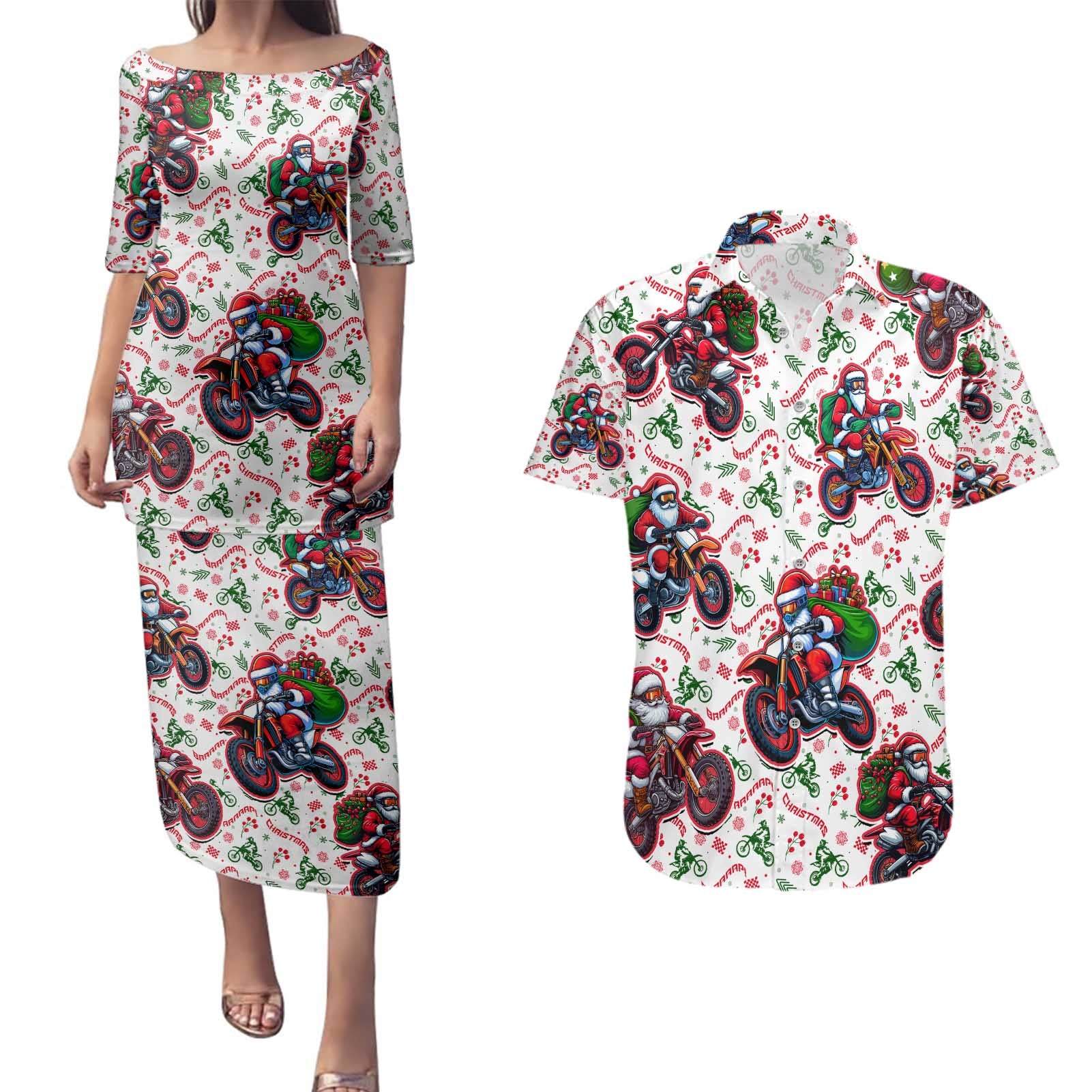 BRAAAP! Motorbike Santa Christmas Couples Matching Puletasi and Hawaiian Shirt - Wonder Print Shop