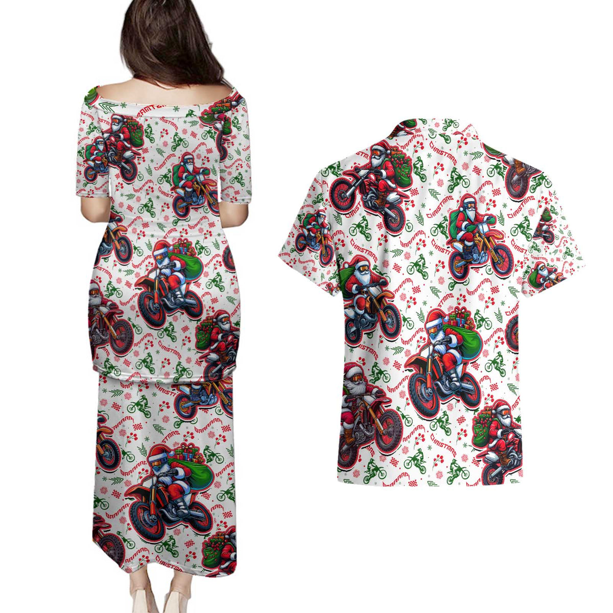 BRAAAP! Motorbike Santa Christmas Couples Matching Puletasi and Hawaiian Shirt - Wonder Print Shop