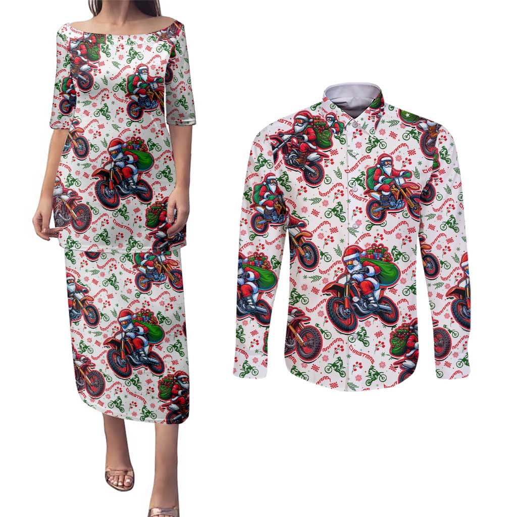 BRAAAP! Motorbike Santa Christmas Couples Matching Puletasi and Long Sleeve Button Shirt - Wonder Print Shop