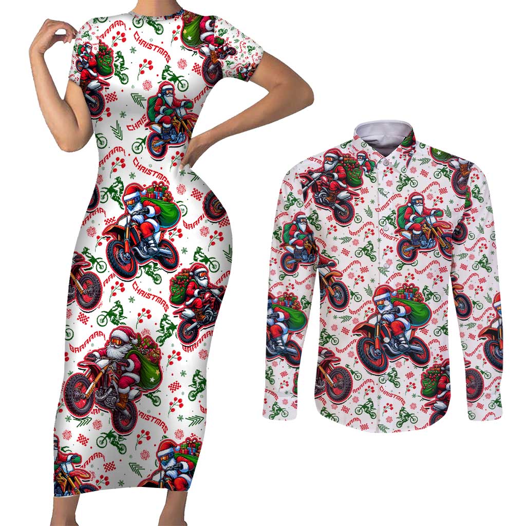 BRAAAP! Motorbike Santa Christmas Couples Matching Short Sleeve Bodycon Dress and Long Sleeve Button Shirt - Wonder Print Shop