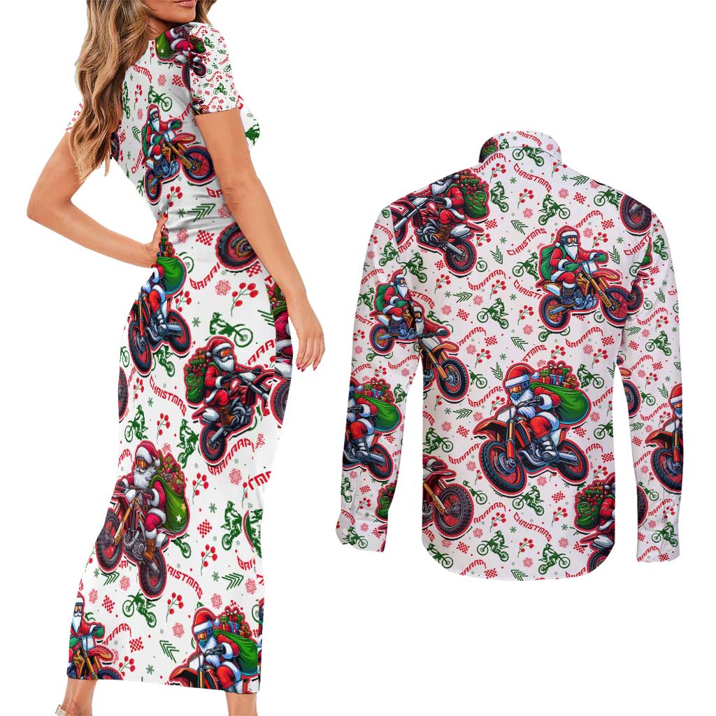 BRAAAP! Motorbike Santa Christmas Couples Matching Short Sleeve Bodycon Dress and Long Sleeve Button Shirt - Wonder Print Shop