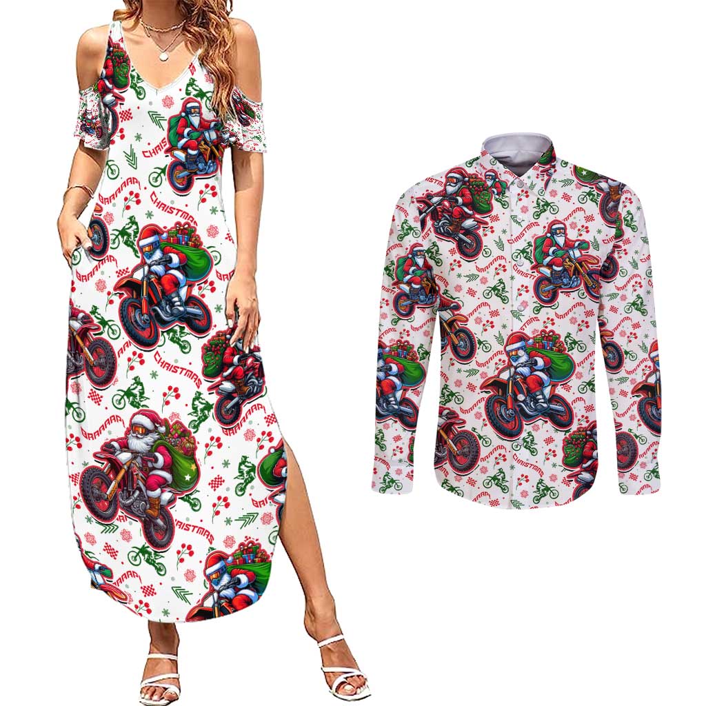 BRAAAP! Motorbike Santa Christmas Couples Matching Summer Maxi Dress and Long Sleeve Button Shirt - Wonder Print Shop
