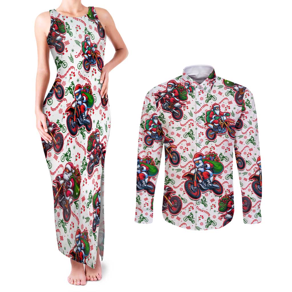 BRAAAP! Motorbike Santa Christmas Couples Matching Tank Maxi Dress and Long Sleeve Button Shirt - Wonder Print Shop