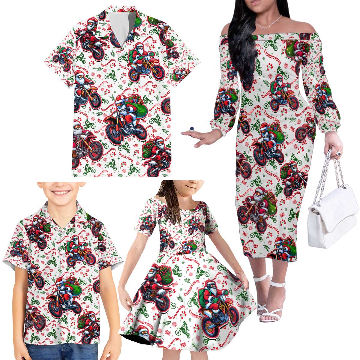 BRAAAP! Motorbike Santa Christmas Family Matching Off The Shoulder Long Sleeve Dress and Hawaiian Shirt - Wonder Print Shop
