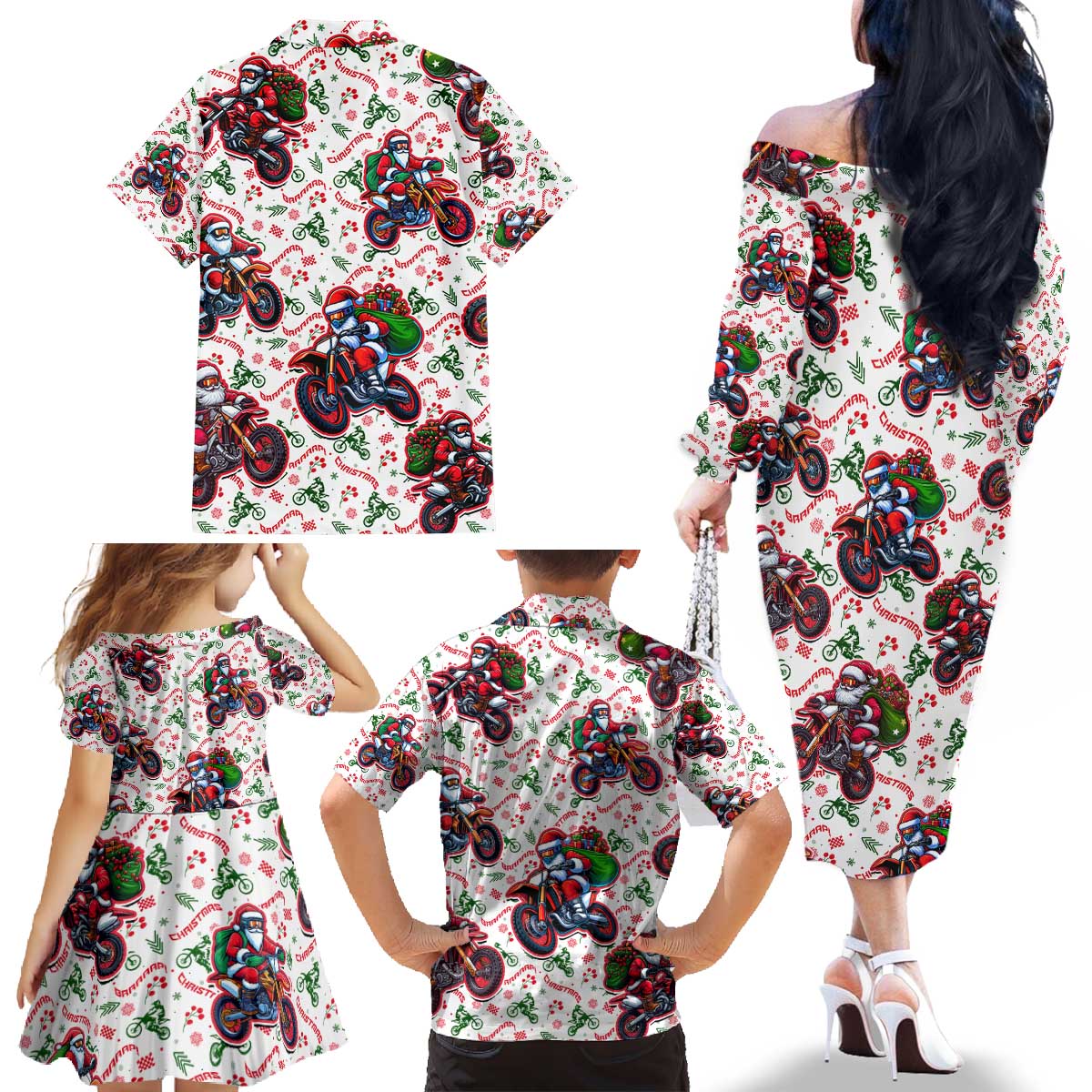 BRAAAP! Motorbike Santa Christmas Family Matching Off The Shoulder Long Sleeve Dress and Hawaiian Shirt - Wonder Print Shop
