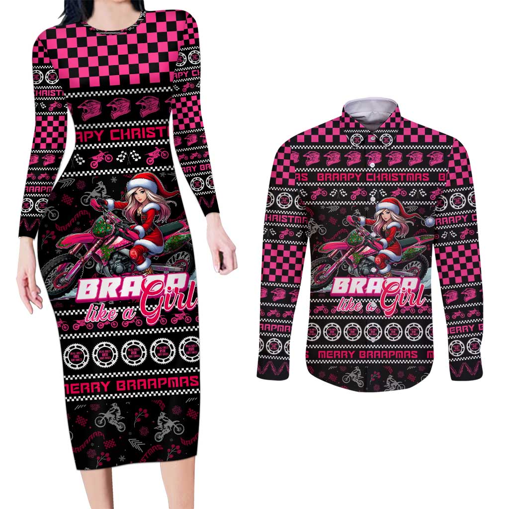 Braap Live A Girl Couples Matching Long Sleeve Bodycon Dress and Long Sleeve Button Shirt Christmas Merry Braapmas - Wonder Print Shop