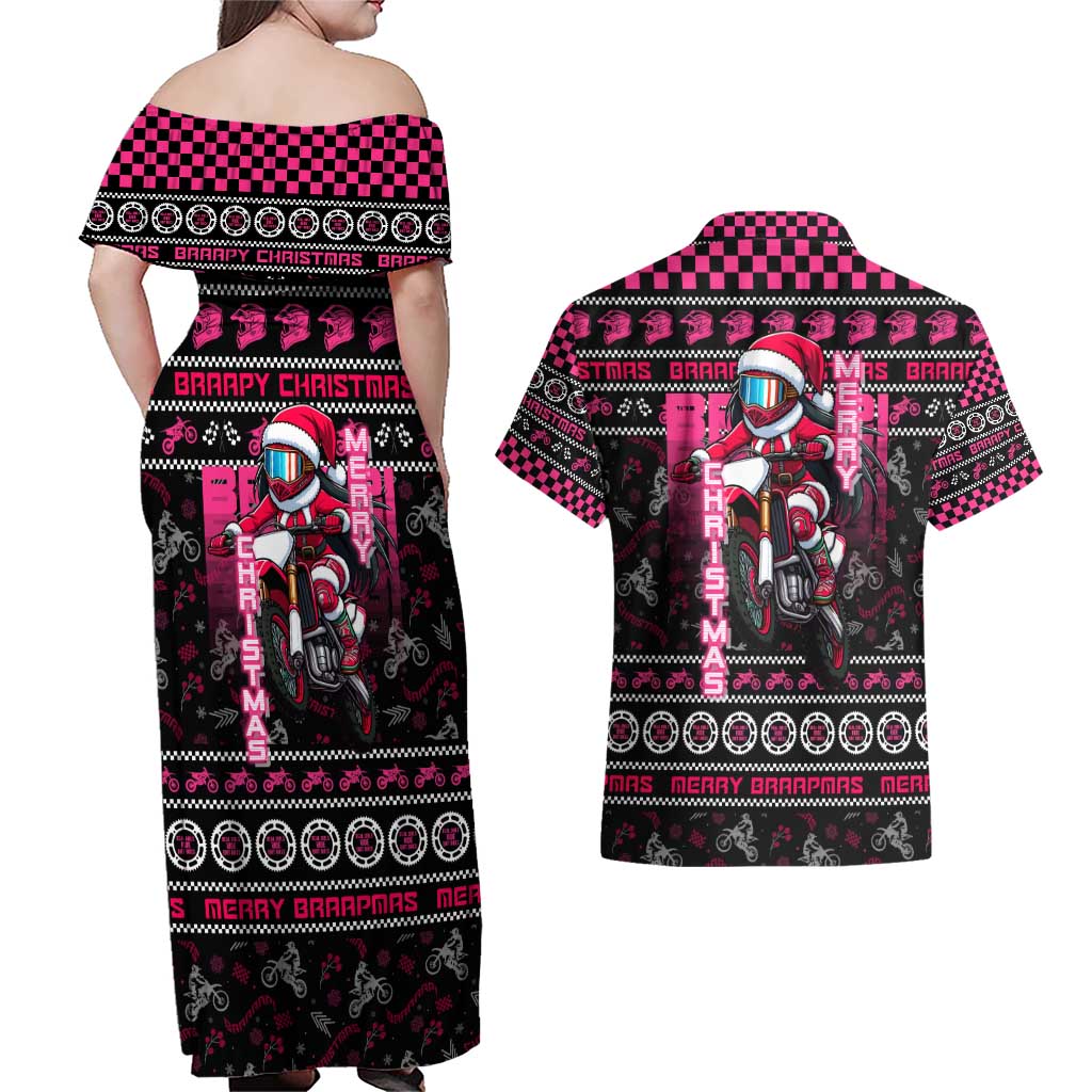 Braap Live A Girl Couples Matching Off Shoulder Maxi Dress and Hawaiian Shirt Christmas Merry Braapmas - Wonder Print Shop