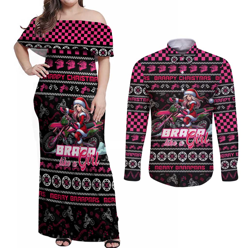 Braap Live A Girl Couples Matching Off Shoulder Maxi Dress and Long Sleeve Button Shirt Christmas Merry Braapmas - Wonder Print Shop