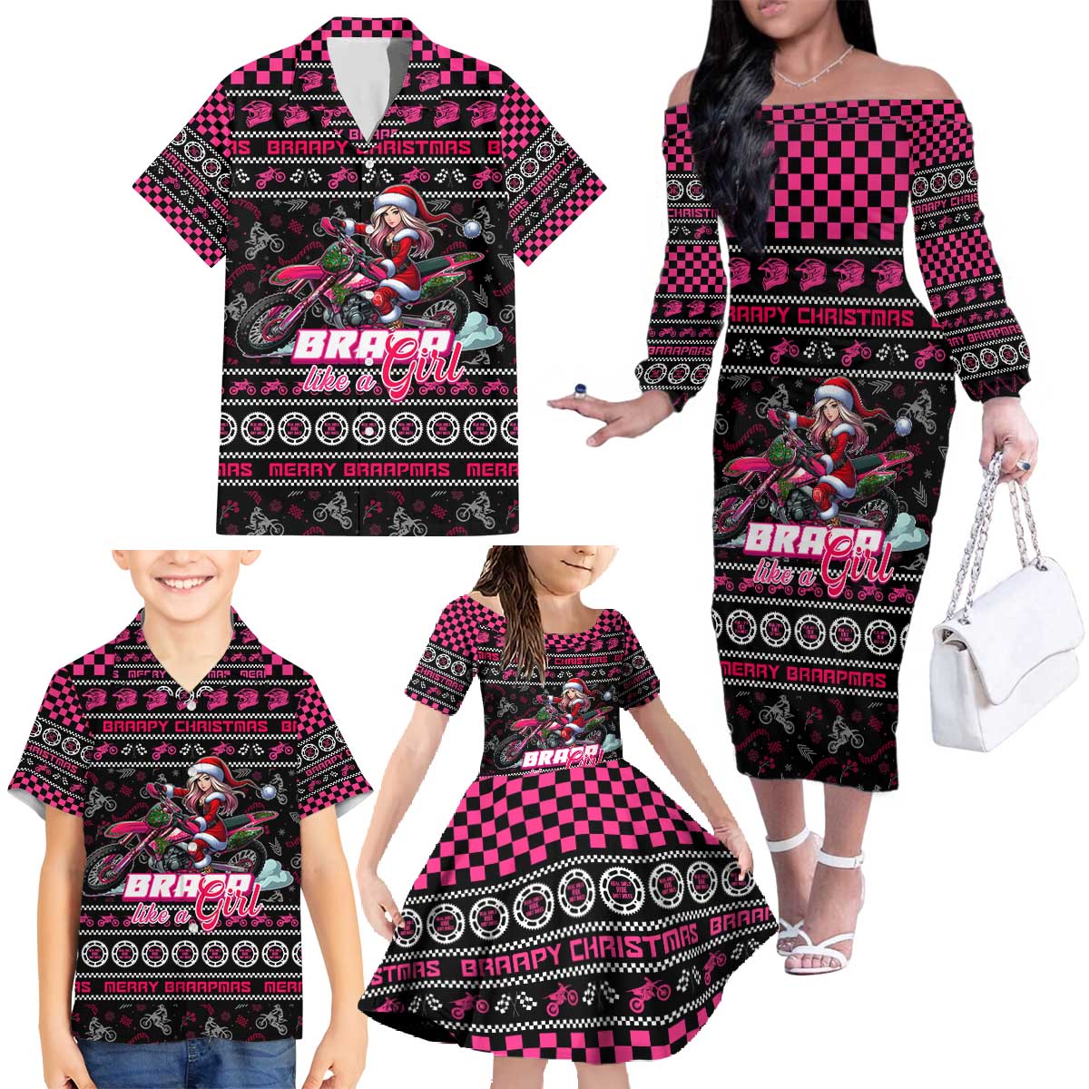Braap Live A Girl Family Matching Off The Shoulder Long Sleeve Dress and Hawaiian Shirt Christmas Merry Braapmas - Wonder Print Shop