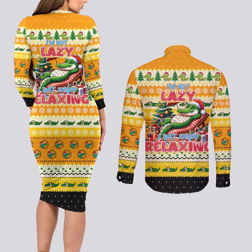 Crocodile Mezzy Christmas Couples Matching Long Sleeve Bodycon Dress and Long Sleeve Button Shirt Funny Style - Wonder Print Shop