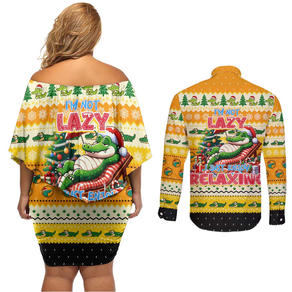 Crocodile Mezzy Christmas Couples Matching Off Shoulder Short Dress and Long Sleeve Button Shirt Funny Style - Wonder Print Shop