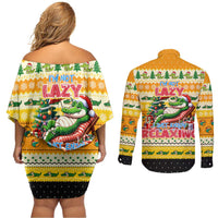 Crocodile Mezzy Christmas Couples Matching Off Shoulder Short Dress and Long Sleeve Button Shirt Funny Style - Wonder Print Shop