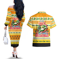 Crocodile Mezzy Christmas Couples Matching Off The Shoulder Long Sleeve Dress and Hawaiian Shirt Funny Style - Wonder Print Shop