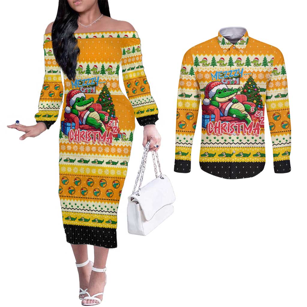 Crocodile Mezzy Christmas Couples Matching Off The Shoulder Long Sleeve Dress and Long Sleeve Button Shirt Funny Style