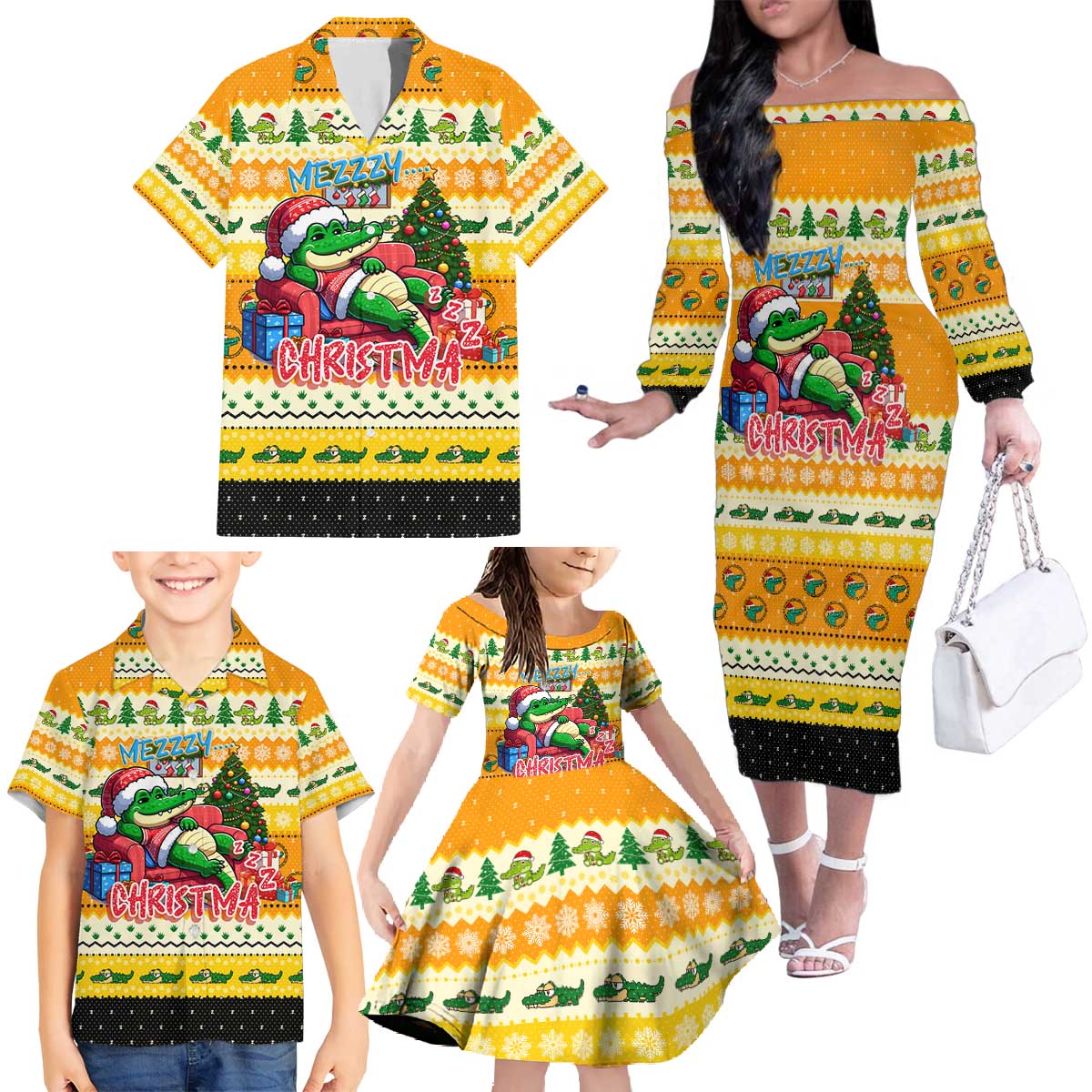 Crocodile Mezzy Christmas Family Matching Off The Shoulder Long Sleeve Dress and Hawaiian Shirt Funny Style - Wonder Print Shop