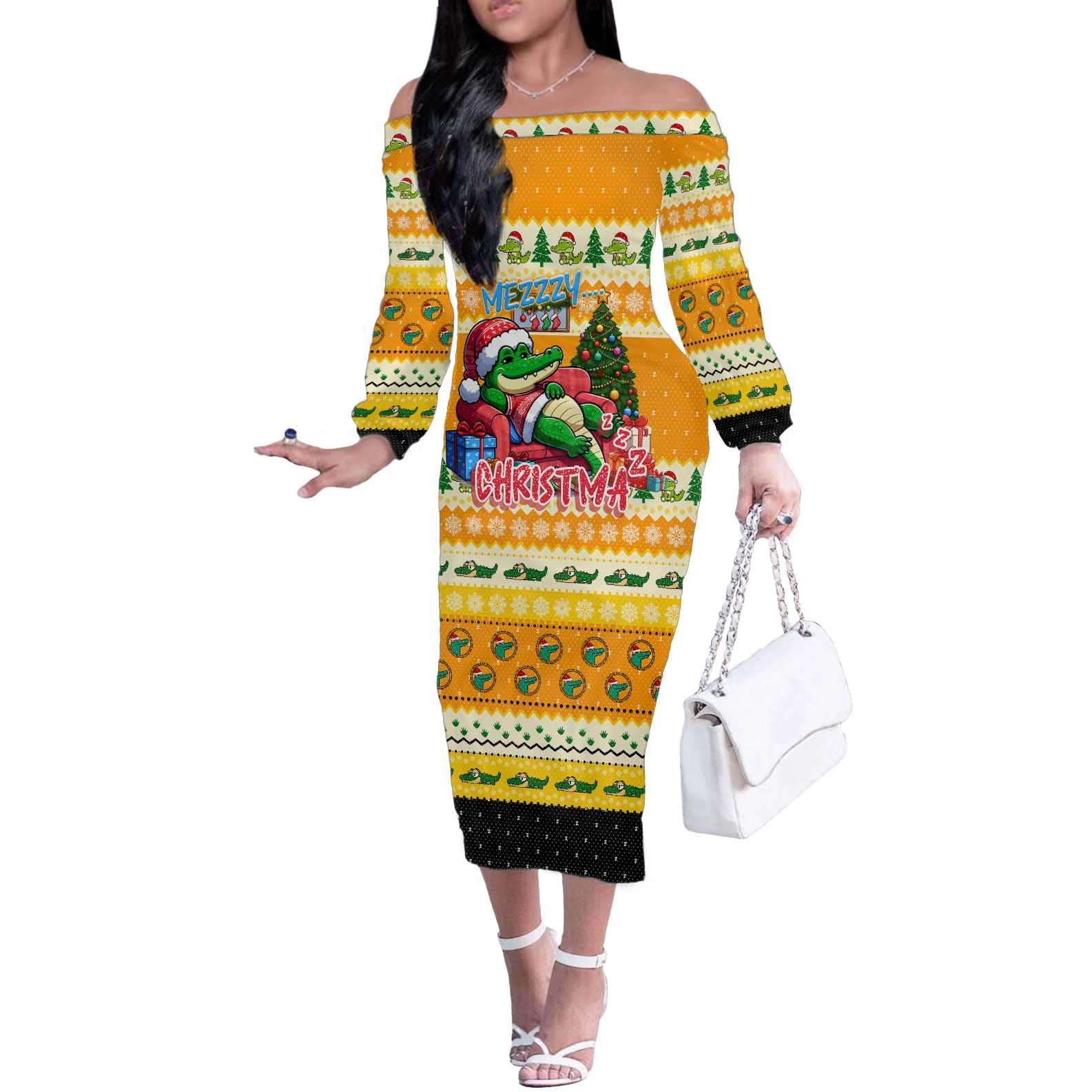 Crocodile Mezzy Christmas Off The Shoulder Long Sleeve Dress Funny Style - Wonder Print Shop