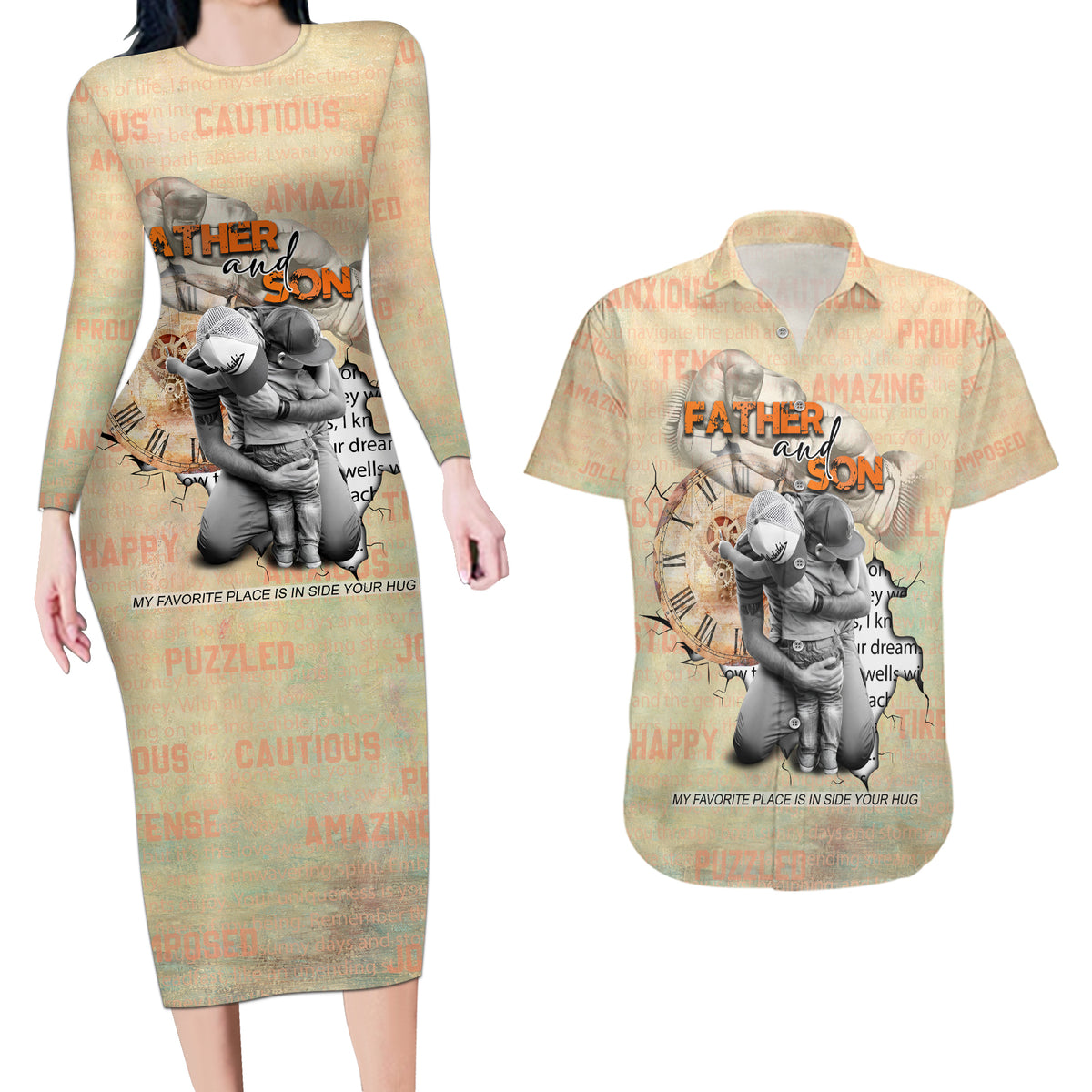 Personalized Father And Son Couples Matching Long Sleeve Bodycon Dress and Hawaiian Shirt Gift for Dad - Wonder Print Shop