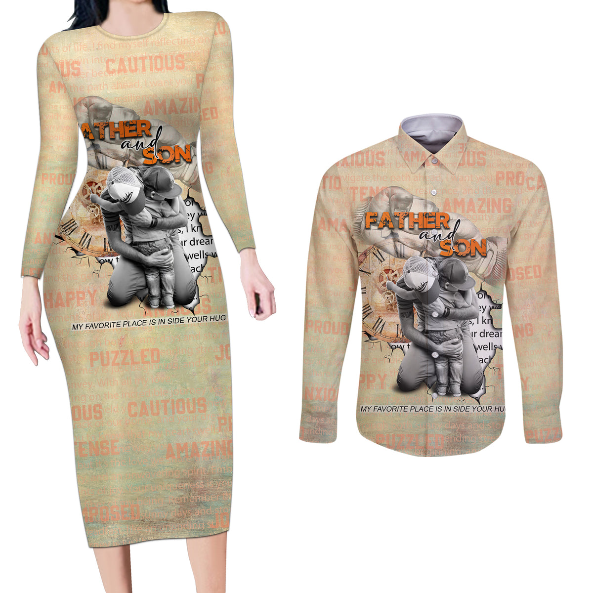 Personalized Father And Son Couples Matching Long Sleeve Bodycon Dress and Long Sleeve Button Shirt Gift for Dad - Wonder Print Shop