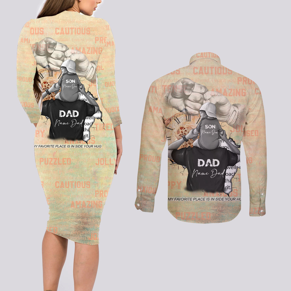Personalized Father And Son Couples Matching Long Sleeve Bodycon Dress and Long Sleeve Button Shirt Gift for Dad - Wonder Print Shop