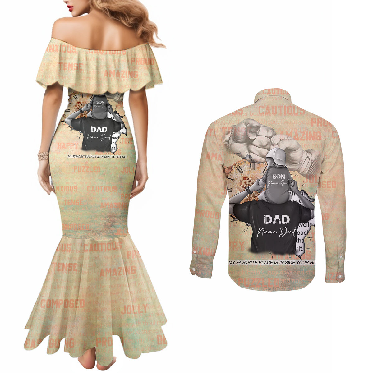Personalized Father And Son Couples Matching Mermaid Dress and Long Sleeve Button Shirt Gift for Dad