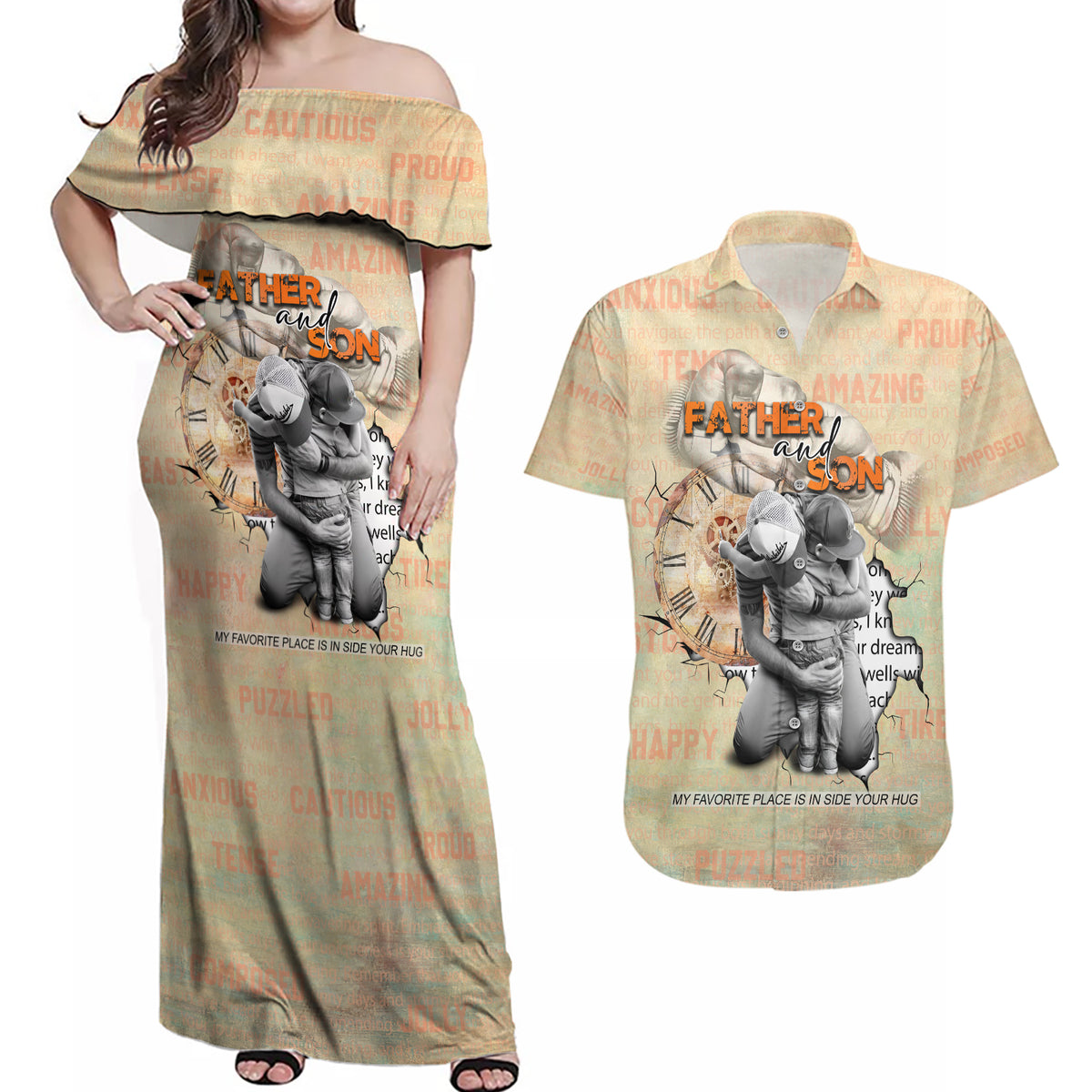 Personalized Father And Son Couples Matching Off Shoulder Maxi Dress and Hawaiian Shirt Gift for Dad - Wonder Print Shop