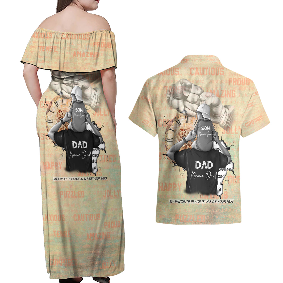 Personalized Father And Son Couples Matching Off Shoulder Maxi Dress and Hawaiian Shirt Gift for Dad - Wonder Print Shop