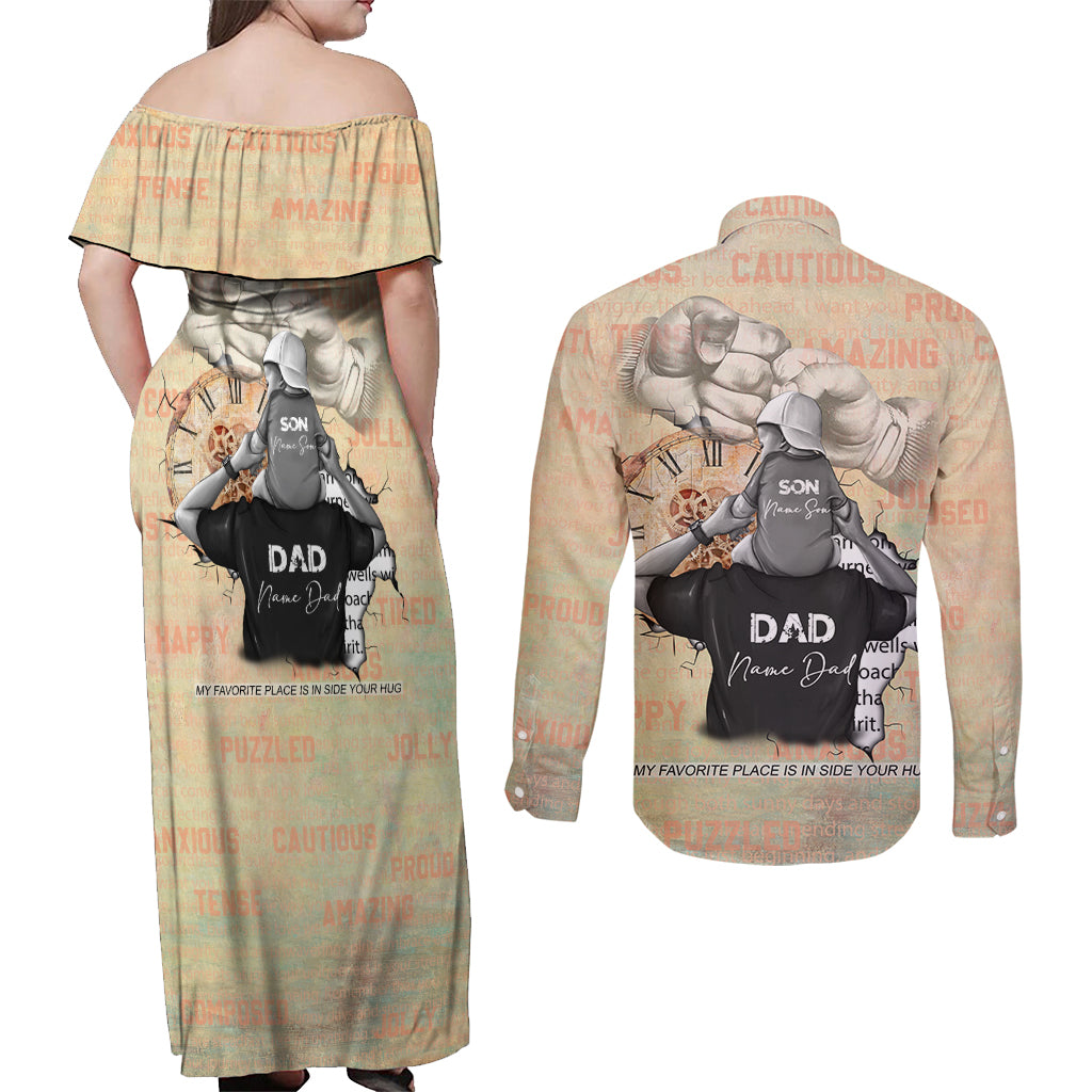 Personalized Father And Son Couples Matching Off Shoulder Maxi Dress and Long Sleeve Button Shirt Gift for Dad - Wonder Print Shop