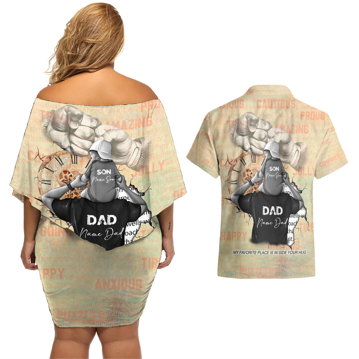 Personalized Father And Son Couples Matching Off Shoulder Short Dress and Hawaiian Shirt Gift for Dad - Wonder Print Shop